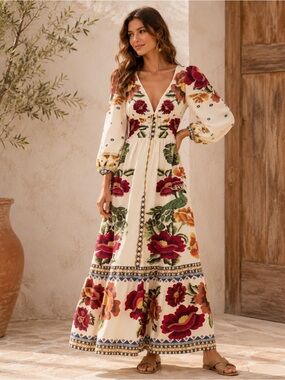 NEW - Boho Floral Maxi Dress Long Sleeve Cottagecore Vacation Gown, L